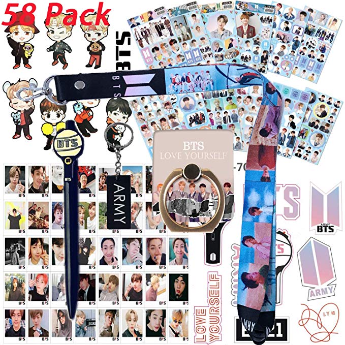 BTS Bangtan Boys Gift Set for ARMY - 12 Sheet of BTS Stickers, 40 Pack BTS Photo Card, 2 Pack 3D Stickers, 1 Pack BTS Long Lanyard, 1 Pack BTS Finger Ring, 1 Pack BTS Key Chain, 1 Pack BTS Pen