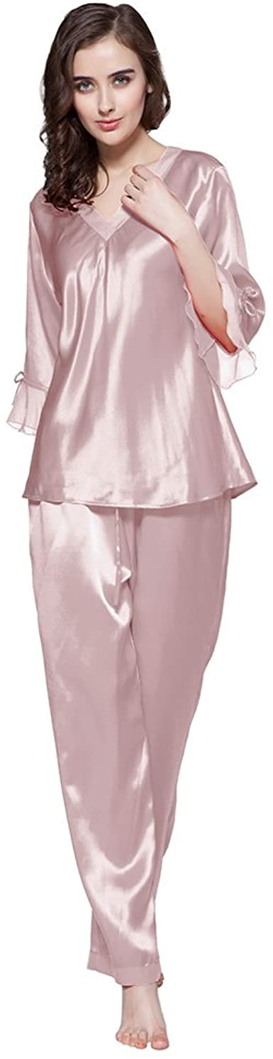 LilySilk Women's 100% Real Silk Pajamas Set V Neck 3/4 Long Sleeve 22 Momme Mulberry Silk Sleepwear