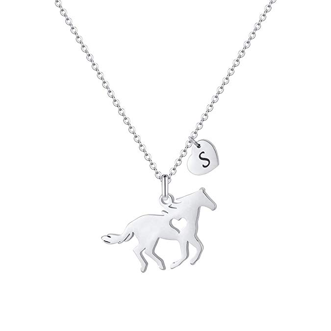 Girls Horse Necklace, Dainty Horse Jewelry for Girls Initial Necklace, Stainless Steel Kids Heart Initial Necklace Horse Girl Horse Pendant Letter Necklace Horse Gifts for Teen Girls Horse Lovers