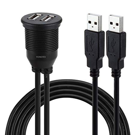 VONOTO 1M 3 Feet USBCBL 2 USB to 2 USB AUX Panel Flush Mount Dash Extension Cable with Dash Mounting Bracket for Car Motorcycle Boat Bike Trailer dash or other surface