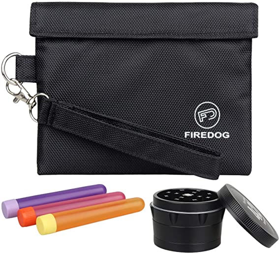 FIREDOG Smell Proof Bag Bundle - 3 Items - 7x6 Inch Smell Proof Pouch Carbon Lined Odor Proof Bag Case, 1.5" Herb Grinder, 3X Doob Tube