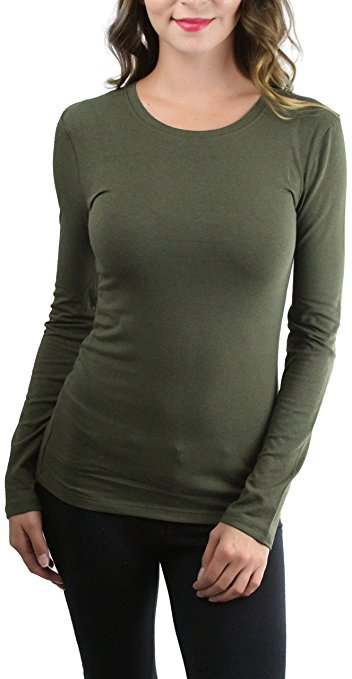 ToBeInStyle Women's Cotton-Blend Crew-Neck Staple Top with Long Sleeves