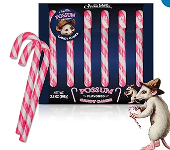 Archie McPhee Possum Flavored Pink & Gray Striped Candy Canes - Novelty Christmas Candy - Stocking Stuffers - Christmas Candy Canes - Gift Box of 6 pieces Fun Novelty Candy Canes
