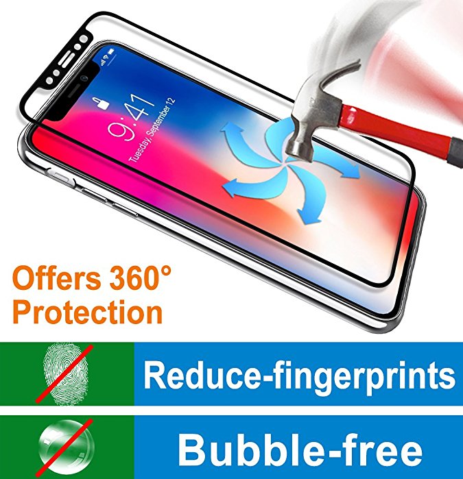 Screen Protector for iPhone X, BENOKER Tempered Glass Screen Protector Compatible with iPhone X - 9H Hardness, Anti-Fingerprints, HD, Bubble Free, Full Coverage （iPhone X - Black）