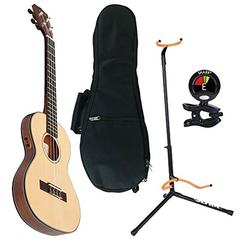 Kala KA-SSTU-TE Mahogany Travel Tenor Acoustic-Electric Ukulele with UB-T Tenor Ukulele Gig Bag, Ultra 2445BK Basic Guitar Stand and Snark SN6X Clip-On Tuner