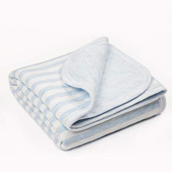 TILLYOU Allergy-Free Quilted Thermal Baby Blanket Lightweight Toddler Blanket Unisex 39x39 Large, 100% Breathable Jersey Cotton, Super Soft and Warm Crib Blanket for All Seasons - Lt Blue Stripe