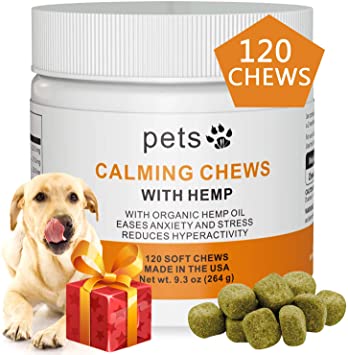 Petsvv Hemp Calming Treats for Dogs - Made in USA - Dog Anxiety Relief, 120 Soft Chews with Organic Hemp Oil for Separation Stress, Storms, Fireworks, Chewing & Barking