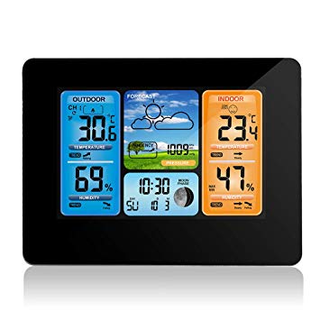 FORNORM Wireless Weather Station with Outdoor Sensor, Weather Monitoring Clocks with Min/Max Display of Thermometer and Hygrometer, Moon Phase, Daily Alarm, Powered by batteries/USB Cable, Black