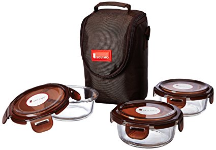 Solimo Glass Lunch Box Set with Bag, 350ml, 3-Pieces, Clear