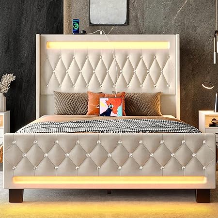 Rolanstar King Bed Frame with LED Light and Charging Station, Upholstered High Headboard and Footboard, Wood Slats, Noise Free, Easy Assembly, White