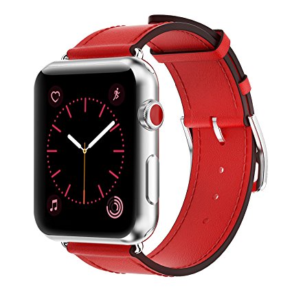 Yearscase 38MM Genuine Leather Replacement Band with Classic Metal Adapter Clasp Single Tour for Apple Watch Series 3 Series 2 Series 1 Nike  Hermes&Edition - Red