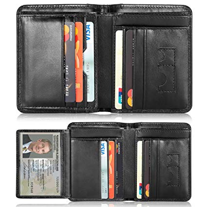 Mens Leather Wallets，Men Genuine Leather RFID Blocking Trifold Wallet Money Clip