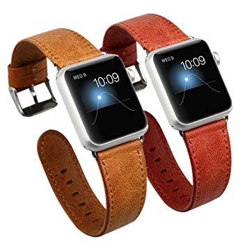 Jisoncase Apple Watch Straps 38mm Two-Pack, Vintage Genuine leather band wrist strap for Apple Watch Series 1 Series 2 Series 3 Sport Edition All Versions 2015 2016 2017, 38mm Multicolor, Tan   Red