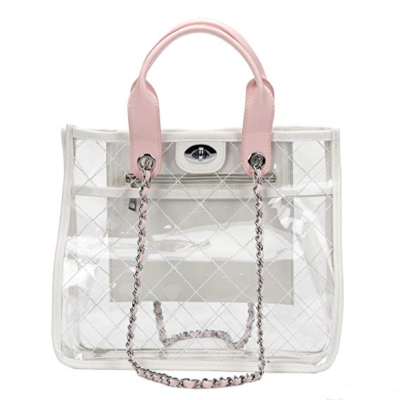 Women PVC Clear Quilted Shoulder Strap Transparent Bag Waterproof Chain Purse Handbag (White)