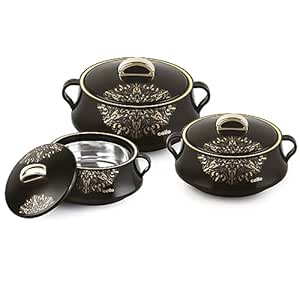 Cello Midas Insulated Inner Steel Casserole Set of 3, Black, (500ml, 1000ml, 1500ml)| Hot Box for Kitchen | Hot Pot for Home | Chapati Box | Locks in The Cold & Heat for Long | Serving Bowl with Lid |