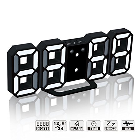 LED Digital Alarm Clock For Desk / Shelf / Tabletop, Modern Home Decoration 3D Wall Clock, Easy To Read at Night, Loud Alarm and Snooze, Big Digit Display (Black Frame, White Light)