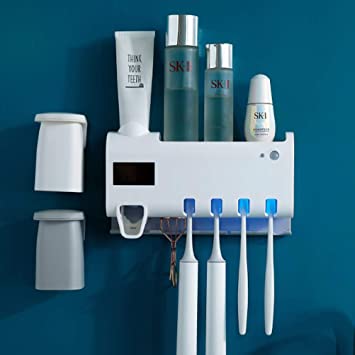 EEX UV Toothbrush Holder, Toothpaste Dispenser   4 Toothbrush Sterilizer Holder Rechargeable Wall Mounted Toothpaste Holder for Bathroom (White, Holder)