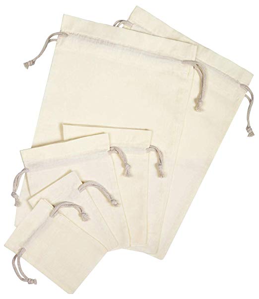 100 Percent Cotton Muslin Drawstring Bags 6-Pack For Storage Pantry Gifts (set 1-6 pack, White)