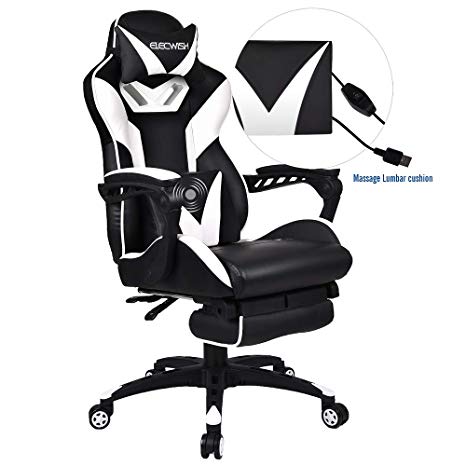 ELECWISH Ergonomic High-Back Gaming Chair with Massage Function Office Desk Chair Swivel Black PC Gaming Chair with Extra Soft Headrest, Lumbar Support and Retractible Footrest (White)