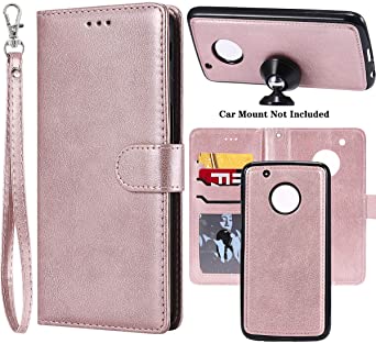 Ranyi Moto G5 Plus Case, Detachable Wallet Case [Magnetic Hard Cover Fit Car Mount] Credit Card Holder Slots 2 in 1 Leather Flip Folio Wallet Strap Case for Motorola Moto G5 Plus (2017), Rose Gold