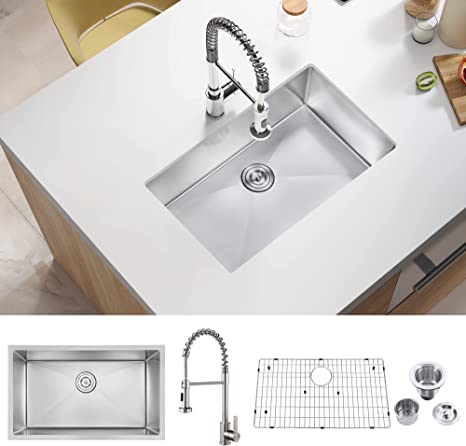 30 Inch Kitchen sink with faucet, ATTOP 30''x18'' Undermount Handmade Stainless Steel Kitchen Sink Single Bowl Basin Faucet Combo in With Grid and Strainer