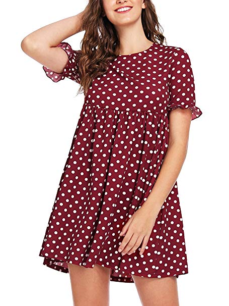 Romwe Women's Comfy Swing Tunic Short Sleeve Smock Polka Dot Loose Dress