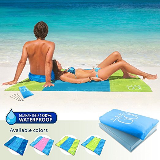 GO! Waterproof Beach / Picnic Blanket Outdoor Mat - 7x7 - Lightweight Compact & Sand Free. Perfect Size for Couples & Families - Made of Ripstop Fabric with Sand Pockets and Corner Loops