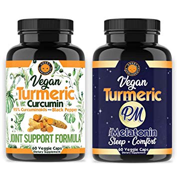 Vegan Turmeric + Turmeric PM Sleep Aid w. Melatonin (2 Month Supply) 95% Curcuminoids All-Natural Antioxidant for Joint Support + Pain Relief, Sleeping Pills for Relaxation (2-Bottles,120 Count)