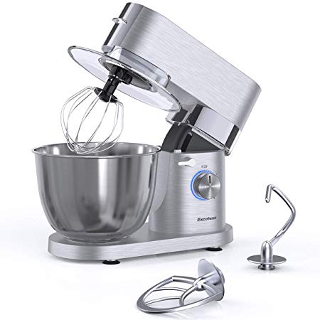 Excelvan 8 Speed Food Stand Mixer 1500W with 5.5 L Stainless Steel Bowl with Rotary Switch, Flat Beater, Wire Whisk & Dough Hook and Pouring Shield Available (Silver)