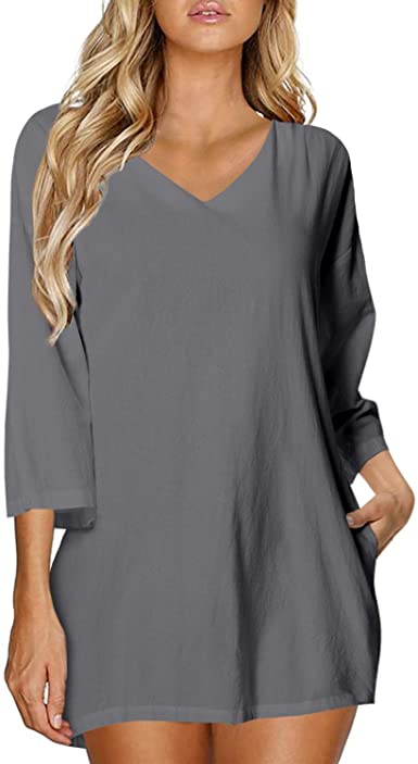 ZANZEA Women's Casual V Neck Long Sleeve Loose Oversized Baggy Tops Blouses Pullover Tunic Sweater Dress