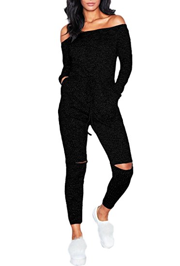 Playworld Womens Off Shoulder Lace Up Sleeve Drawstring Long Jumpsuit