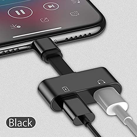 MeterMall - 2 in 1 Lightning Adapter Cable Supporting Audio Charging Phone Call Adapter Cable for iPhone 7, 7 Plus, 8, X (Black)