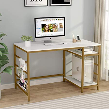 Tribesigns 47 inch Computer Desk with Storage Shelves, White Gold Computer Table Study Writing Desk with Tower Storage and Magazine Rails for Home Office, Sturdy Metal Frame