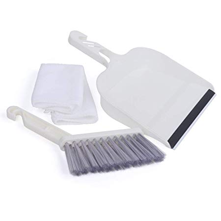 Nurkeen Dust Pan and Brush, Hand Broom and Dustpan Set, Small Dustpan and Brush Set for Floor, Sofa, Desk, Keyboard, Car, Dog, Cat and Other Pets, Cleaning Ergonomic Brush Design with a Rag, White