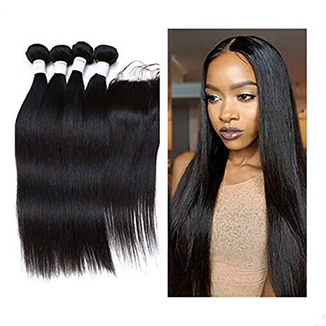 JieFar Hair Peruvian Virgin Hair Straight Wave 4pcs/lots Hair With Free Part Closure Products 100% Peruvian Human Hair Extensions Bundles Deals Natural Color (12"14"16"18"+12")