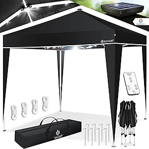 KESSER® Pavillon Faltpavillon 3x3m mit LED Beleuchtung Solar Fernbedienung | Gartenzelt Höhenverstellbar & Wasserdicht   Tasche Bodenanker | Pop-Up Klicksystem UV-Schutz 50  Partyzelt, Farbe:Schwarz