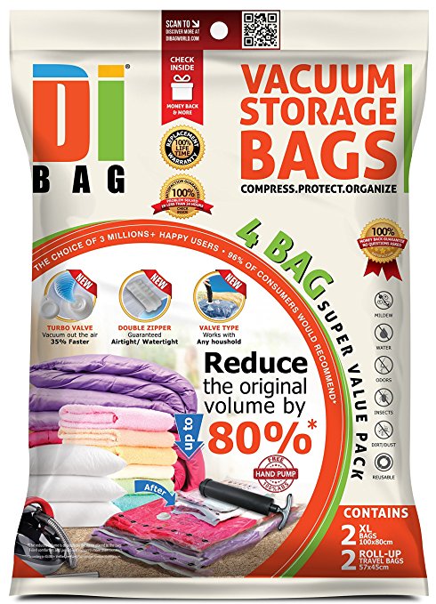 DIBAG ® 2 Space Saver Storage Bags - Premium Vacuum Bags with Double Seal and 2 Travel Roll-Up Bags - Bag Size: XXL 100 X 80cm/L 57 X 45cm - Plastic Bags For Clothing Storage, Bedding & Packing