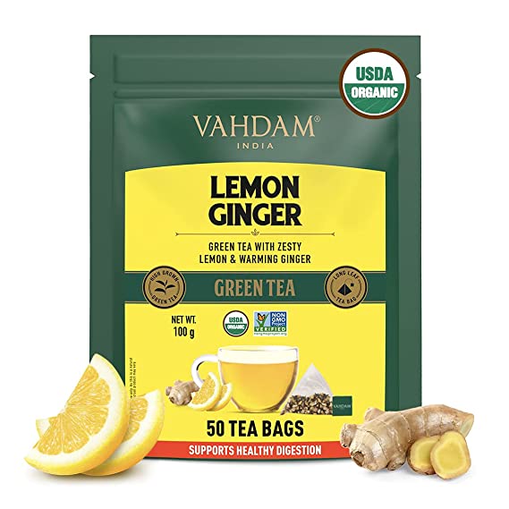 VAHDAM Organic Lemon Tea with Ginger - 50 Units |100% Organic Detox Green Tea Bags | Green Tea for Weight Loss, 50 Pyramid Tea Bags 100% Natural