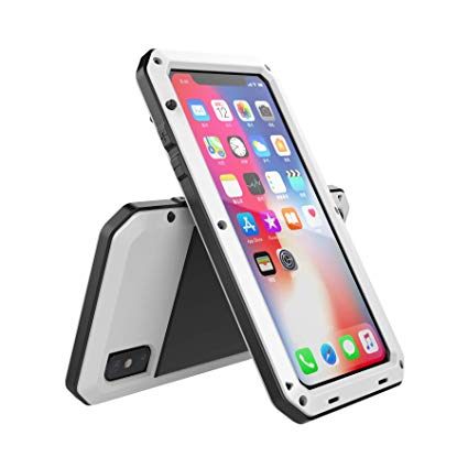 iPhone Xs Max Case, Amever Aluminum Metal Case with Silicone Frame - Water Resistant Shockproof Heavy Duty Tempered Glass Screen Protector Dual Layer Protective Case for Apple iPhone Xs Max - White