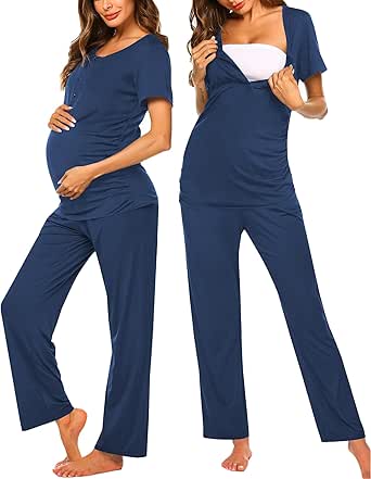 Ekouaer Women's Maternity Nursing Pajamas Sets Breastfeeding Printed Sleepwear Short Sleeve 2 Pcs Henley Top and Pants Set