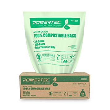 POWERTEC ASTM D6400 Certified Compostable Bags – 100 Count | 9.84 Liter - 2.6 Gallon Trash Bags, 0.71 Mil, US BPI and European OK Compost Home Certification - 100% Sustainable Green Products
