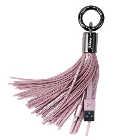 REMAX Portable Certified Lightning to USB Cable with Key Ring,Detachable Neck Strap Band Lanyard,Key buckle,IPhone Keychain,Lightning Leather trim RC-053i(Pink)