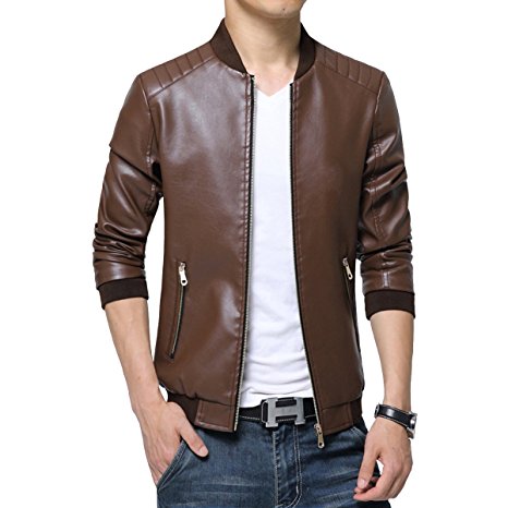 Homaok Men's Smooth Zip-up Leather Collar Bomber Jacket