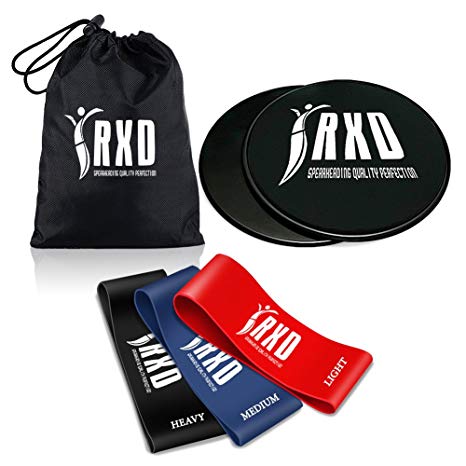 Gliding Discs and 3 Resistance Band by RXD for Stretching Physical Therapy – Dual Sided Core Sliders Design Work Smooth on Any Surface – For Effective Workout, Strengthen Core, Glutes, and Abs Fitness (Set of 3 Bands)
