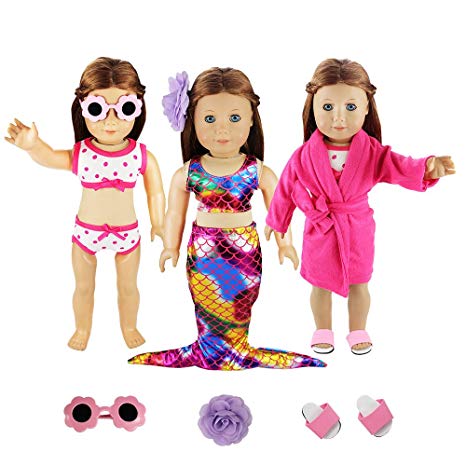 Barwa 3 Sets Summer Clothes Outfits Mermaid Dress and Swimsuits Set Pink Pajamas with Slippers for 18 Inch Dolls Xmas Gift