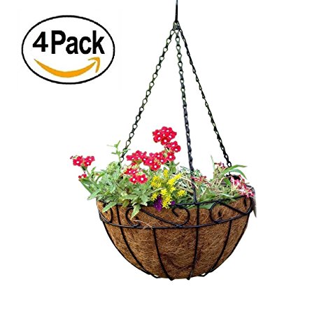 Amagabeli 4 Pack Metal Hanging Planter Basket with Coco Coir Liner 14 inch Round Wire Plant Holder with Chain Porch Decor Flower Pots Hanger Garden Decoration Indoor Outdoor watering hanging Baskets