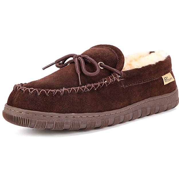 Men's Moccasin Slippers, Slip On Shoes with Cow Suede Sheepskin Plush Lining Warm Comfortable Anti Slip Indoor Outdoor Driving Shoes