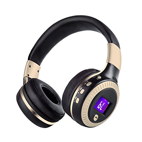 Bluetooth Over Ear Headphone Wireless Portable Stereo Sound On Ear Headsets with Mic Deep Bass Support Hands-free LED Display Screen for Smartphones Tablet PC Adult Sports (Black Gold)