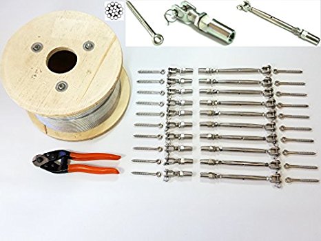 1/8 Cable Railing Kit 36".Stainless Steel 316 Cable 1/8 119 250 ft,Tensioner Quick Installation Stainless Steel 316 10-Pack,Welded Fork Swageless 10-Pack,Eye Terminal With Wood Screw 20-Pack 1 Cutter
