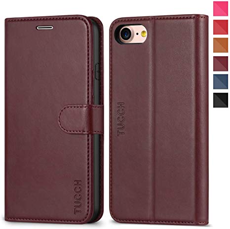 TUCCH iPhone 8 Case, iPhone 7 Case, iPhone 8 Wallet Case [Viewing Stand][Magnetic Closure][TPU Inner Shell] [Card Holder] Flip Cover Leather Folio Case Compatible with iPhone 7/8-4.7 inches, Wine Red